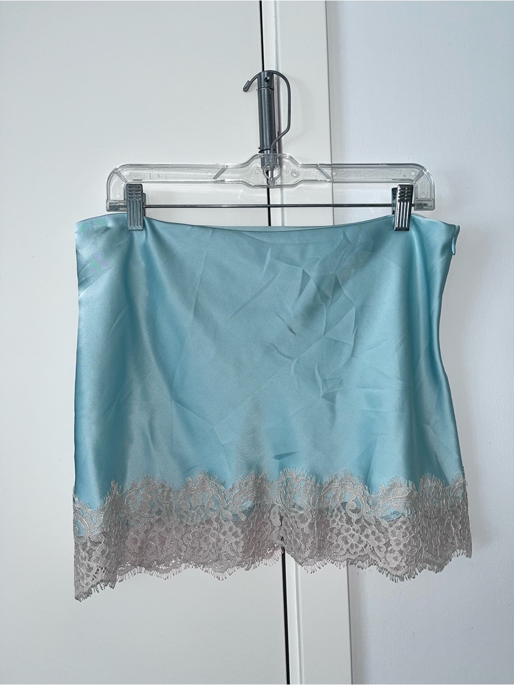 Silky Light Blue Lace Trim Mini Skirt